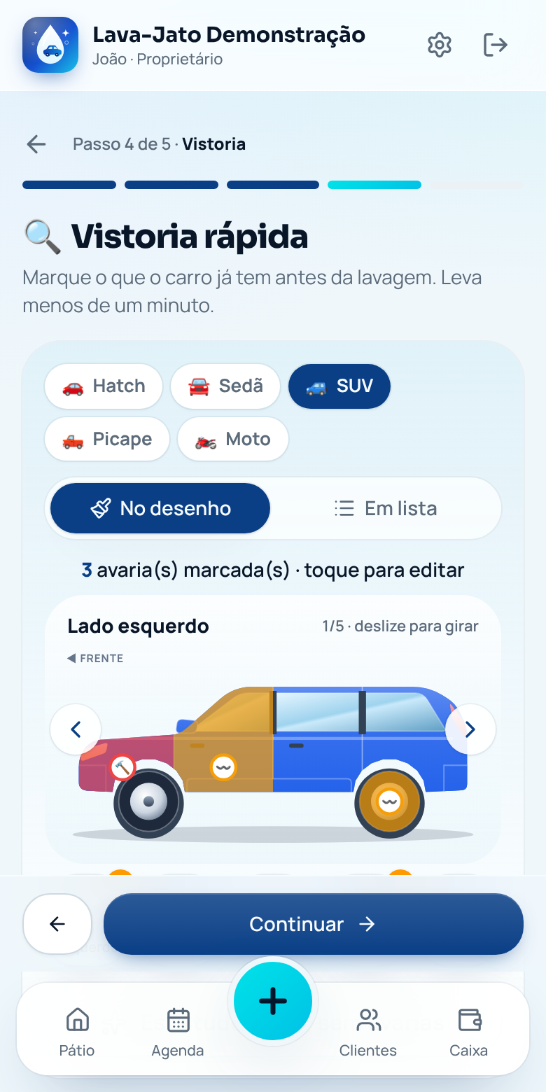 Tela da vistoria: o desenho do carro com as avarias marcadas
